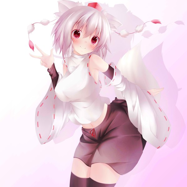 Anime picture 3000x3000 with touhou inubashiri momiji nicoby single looking at viewer blush fringe highres short hair breasts smile large breasts standing bare shoulders animal ears white hair tail long sleeves animal tail cat ears