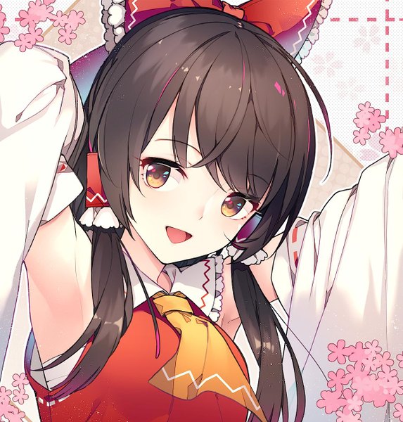 Anime picture 1242x1300 with touhou hakurei reimu eho (icbm) single long hair tall image looking at viewer open mouth black hair brown eyes :d armpit (armpits) girl bow hair bow detached sleeves hair tubes ascot