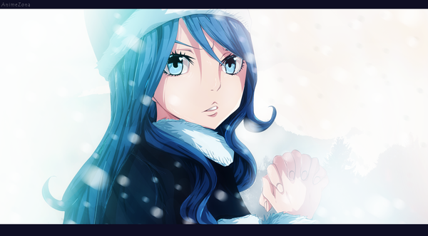 Anime picture 2600x1435 with fairy tail juvia lockser animezona single long hair highres blue eyes simple background wide image white background blue hair coloring snowing letterboxed girl fur cap winter clothes