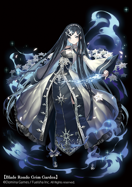 Anime picture 567x800 with blade rondo grim garden original domina games megusuri single tall image looking at viewer blush blue eyes black hair simple background full body very long hair wide sleeves copyright name watermark black background girl dress flower (flowers)