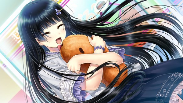 Anime picture 1280x720 with ayame no machi to ohimesama kazuharu kina long hair open mouth black hair wide image game cg eyes closed girl dress uniform hair ornament school uniform hairclip toy stuffed animal