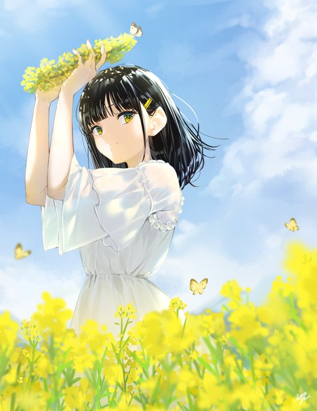 Anime picture 3513x4553 with original takenoko no you single long hair tall image highres black hair standing yellow eyes absurdres sky cloud (clouds) outdoors light smile arms up girl dress flower (flowers) white dress insect