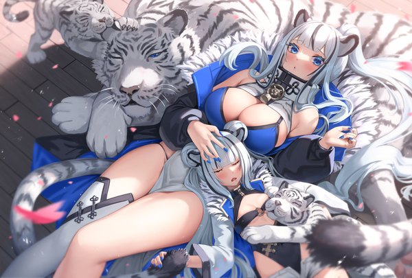Anime picture 5000x3379 with original suraimu (suraimuraimu) long hair looking at viewer blush fringe highres breasts open mouth blue eyes light erotic large breasts multiple girls animal ears absurdres cleavage silver hair ponytail tail lying