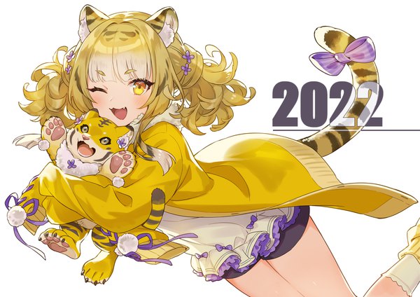Anime picture 1200x848 with original ame8desu single long hair blush fringe open mouth simple background blonde hair white background twintails animal ears yellow eyes tail animal tail one eye closed wink fang (fangs) ;d new year