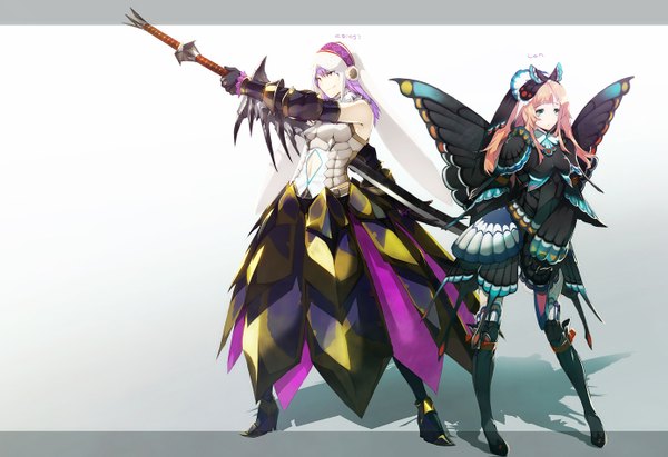 Anime picture 1387x951 with monster hunter lagombi (armor) barioth (armor) papimel (armor) tujisaki simple background smile purple eyes multiple girls pink hair purple hair aqua eyes insect wings butterfly wings girl dress 2 girls sword armor
