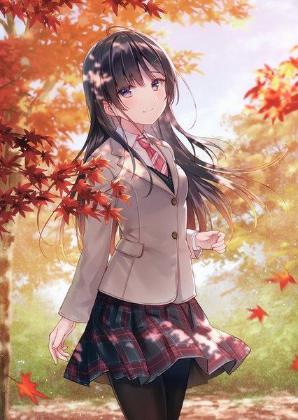 Anime picture 2433x3427 with original fukahire (ruinon) single long hair tall image looking at viewer blush fringe highres black hair hair between eyes standing purple eyes payot sky cloud (clouds) outdoors long sleeves head tilt pleated skirt