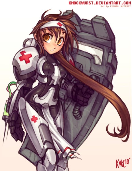 Anime picture 2000x2588 with knockwurst single long hair tall image fringe highres simple background brown hair brown eyes yellow eyes nurse girl uniform suit shield syringe