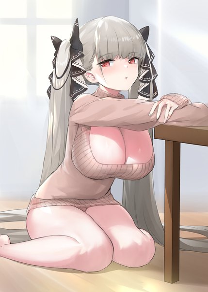 Anime picture 1480x2071 with azur lane formidable (azur lane) crystal shoujo single tall image looking at viewer blush fringe breasts light erotic simple background red eyes large breasts sitting bent knee (knees) indoors blunt bangs very long hair parted lips grey hair