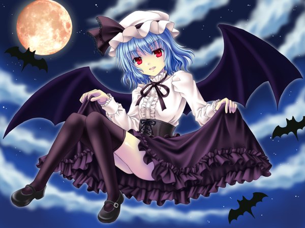 Anime picture 1920x1440 with touhou remilia scarlet amou yuu single looking at viewer highres short hair light erotic red eyes blue hair cloud (clouds) full body night night sky bat wings girl thighhighs skirt black thighhighs hat