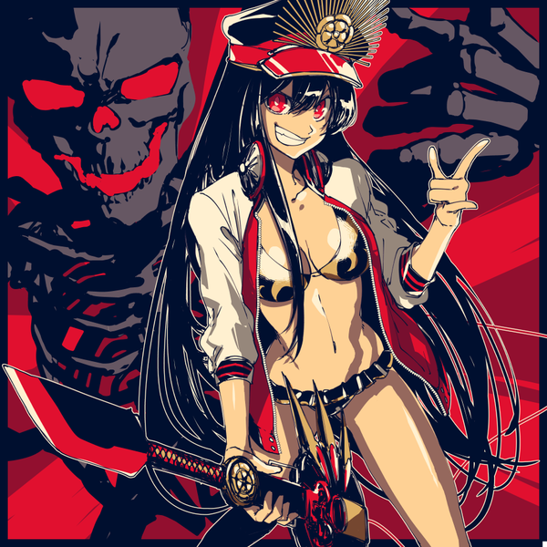 Аниме картинка 910x910 с fate (series) fate/grand order oda nobunaga (fate) (all) oda nobunaga (swimsuit berserker) (fate) pizaya один (одна) длинные волосы смотрит на зрителя чёлка лёгкая эротика чёрные волосы улыбка волосы между глазами красные глаза держать декольте поднятая рука открытая одежда расстёгнутая куртка скалить зубы