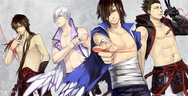 Anime picture 1200x614 with sengoku basara production i.g date masamune sanada yukimura mitsunari ishida tokugawa ieyasu niso long hair fringe short hair blue eyes red eyes brown hair wide image green eyes white hair hair over one eye open clothes open shirt finger to mouth