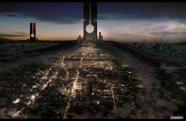 Аниме картинка 1000x650 с оригинальное изображение yumeko (tokiti) подписанный небо облако (облака) ночь ночное небо город городской пейзаж без людей городские огни туман восход здание (здания) стена небоскрёб