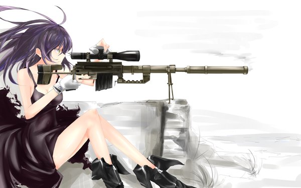 Anime picture 3200x2000 with original saberiii single long hair highres wide image bare shoulders purple hair profile bare legs girl dress gloves weapon boots gun
