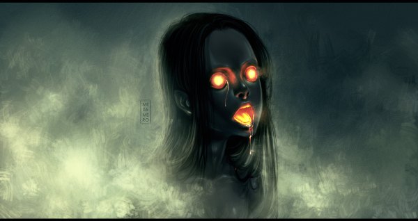 Anime picture 1200x636 with original mezamero single long hair open mouth black hair wide image bare shoulders grey background glowing letterboxed face glowing eye (eyes) girl