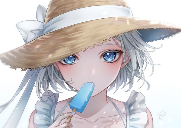 Anime picture 1412x1000 with original ca yu single looking at viewer short hair blue eyes simple background white background signed silver hair upper body nail polish eating girl ribbon (ribbons) hat food sweets ice cream straw hat