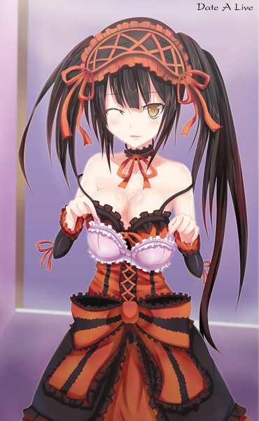 Anime picture 2159x3500 with date a live tokisaki kurumi seedkeng long hair tall image highres breasts light erotic black hair yellow eyes one eye closed wink lolita fashion uneven twintails girl dress bow detached sleeves headdress