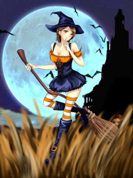 Anime picture 1500x2000 with league of legends nidalee (league of legends) garen (league of legends) tall image looking at viewer short hair black hair yellow eyes cleavage finger to mouth witch girl thighhighs boy thigh boots witch hat striped thighhighs broom crow