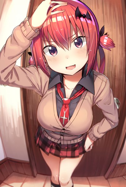 Anime picture 1664x2470 with gabriel dropout doga kobo satanichia kurumizawa mcdowell greatmosu single long hair tall image looking at viewer blush fringe open mouth smile hair between eyes standing twintails payot ahoge red hair :d pleated skirt