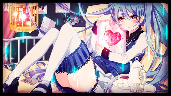 Anime picture 1280x720 with original vocaloid hatsune miku yugy666 single blush light erotic red eyes wide image twintails blue hair full body very long hair long sleeves pleated skirt light smile zettai ryouiki hug tears border