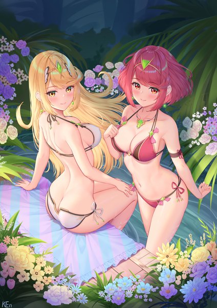 Anime picture 2894x4093 with xenoblade xenoblade 2 pyra (xenoblade) mythra (xenoblade) ken-san long hair tall image looking at viewer fringe highres short hair breasts light erotic blonde hair smile red eyes large breasts standing sitting multiple girls