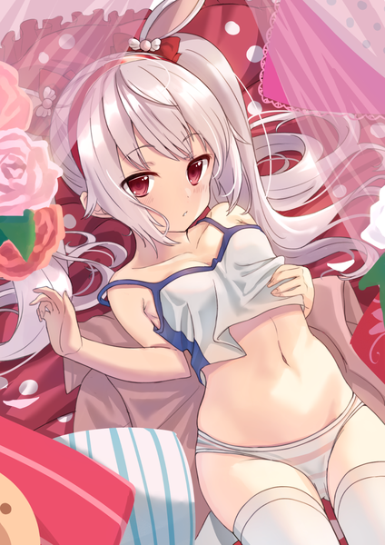 Anime picture 868x1228 with azur lane laffey (azur lane) tsukiman single long hair tall image looking at viewer blush fringe light erotic hair between eyes red eyes twintails bare shoulders animal ears silver hair lying parted lips bare belly on back