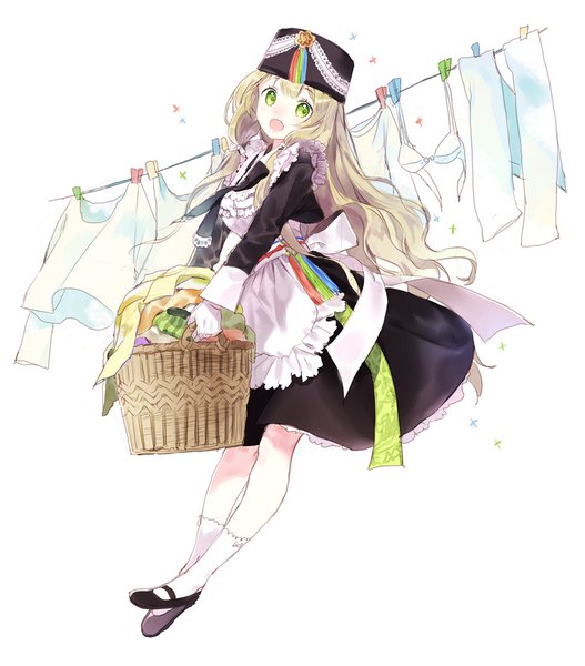 Anime picture 900x1023 with original macciatto (aciel02) single long hair tall image open mouth blonde hair simple background white background green eyes looking away full body :d girl hat socks shoes lingerie bra white socks
