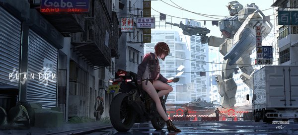 Anime picture 4400x2000 with gundam 08th ms team original ground gundam kryp132 highres short hair brown hair wide image signed full body outdoors bare legs tattoo thighs city dated solo focus cityscape military girl