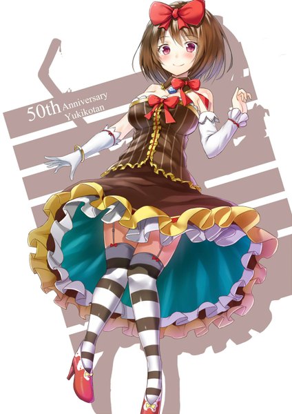 Anime picture 1060x1500 with yukijirushi yukiko-tan alexmaster tall image blush short hair smile red eyes brown hair anniversary girl thighhighs skirt bow hair bow detached sleeves striped thighhighs skirt set single glove