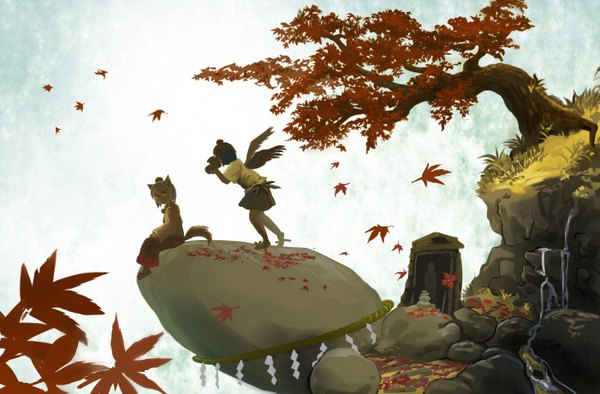 Anime picture 1401x922 with touhou shameimaru aya inubashiri momiji sakanami short hair black hair sitting multiple girls white hair tail girl skirt 2 girls plant (plants) hat wings tree (trees) water leaf (leaves) stone (stones)