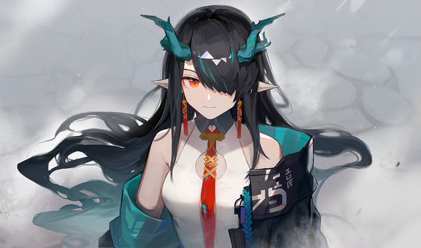 Anime picture 1356x800 with arknights dusk (arknights) huanxiang heitu single long hair looking at viewer fringe black hair red eyes wide image upper body horn (horns) pointy ears hair over one eye official art girl earrings