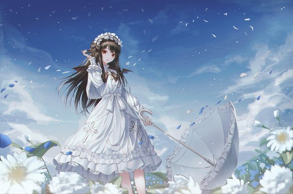 Anime picture 1500x996 with original vennie single long hair looking at viewer fringe black hair red eyes standing holding sky cloud (clouds) outdoors long sleeves arm up wind puffy sleeves adjusting hair frilled dress black wings