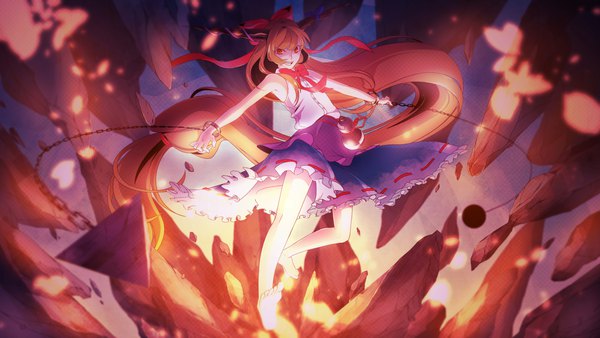 Anime picture 3840x2160 with touhou ibuki suika no.734 single looking at viewer fringe highres open mouth smile red eyes brown hair wide image absurdres very long hair barefoot horn (horns) sleeveless soles low ponytail destruction