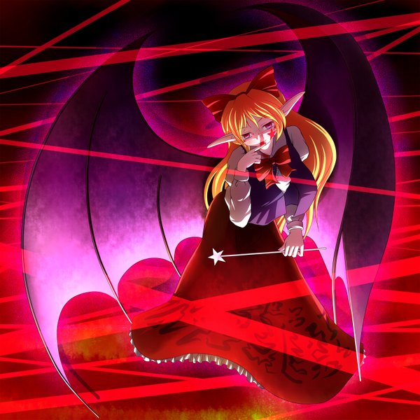 Anime picture 1500x1500 with touhou elis (touhou) mille (dieci) single long hair blonde hair red eyes pointy ears girl wings star (symbol) wand