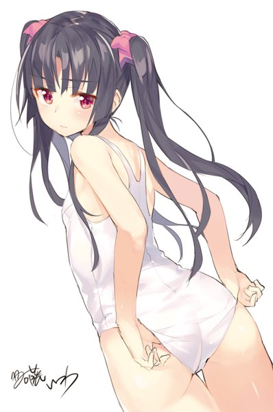 Anime picture 531x800 with senki zesshou symphogear satelight tsukuyomi shirabe itsuwa (lethal-kemomimi) single long hair tall image looking at viewer blush light erotic black hair simple background white background twintails signed ass pink eyes looking back embarrassed flat chest
