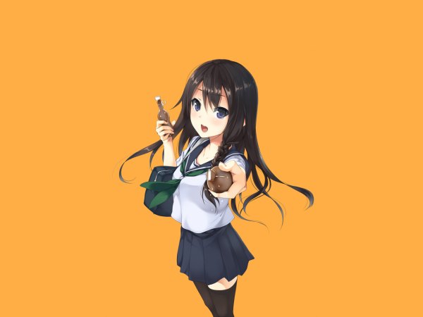Anime picture 1200x900 with original unasaka ryou single long hair looking at viewer open mouth blue eyes black hair standing holding yellow background orange background girl thighhighs uniform black thighhighs school uniform necktie school bag boxcutter