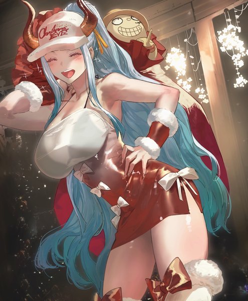 Anime picture 2204x2674 with one piece toei animation yamato (one piece) salmon88 single long hair tall image looking at viewer blush highres light erotic smile standing holding silver hair eyes closed arm up horn (horns) leaning alternate costume