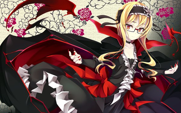 Anime picture 1920x1200 with sennen sensou aigis racua (sennen sensou aigis) ogami kazuki single long hair looking at viewer fringe highres blonde hair smile red eyes payot nail polish fingernails spread arms long fingernails floral background bespectacled girl dress