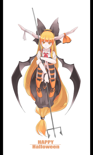 Anime picture 1216x2030 with touhou ibuki suika crazyoton46 single long hair tall image looking at viewer blush fringe simple background white background holding payot full body blunt bangs parted lips horn (horns) orange hair short sleeves orange eyes