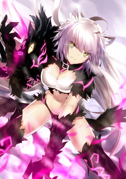 Anime picture 740x1050 with fate (series) fate/grand order atalanta (fate) atalanta (alter) (fate) minamina single long hair tall image looking at viewer fringe breasts light erotic hair between eyes standing green eyes animal ears cleavage silver hair ahoge tail