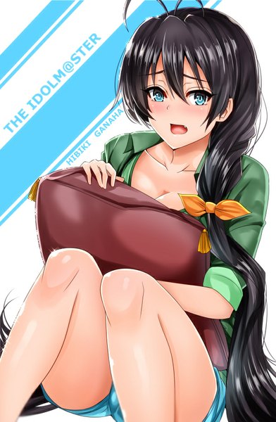 Anime picture 600x917 with idolmaster ganaha hibiki inu (marukome) single long hair tall image blush open mouth blue eyes black hair simple background bent knee (knees) teeth fang (fangs) girl shorts pillow short shorts clothes
