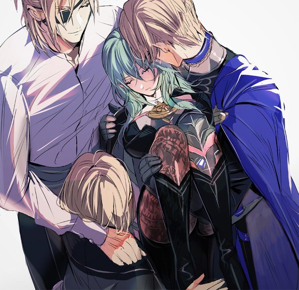 Anime picture 899x872 with fire emblem fire emblem: three houses nintendo byleth (fire emblem) dimitri alexandre blaiddyd byleth (female) (fire emblem) amu (nsk0) long hair fringe short hair simple background blonde hair smile hair between eyes standing white background payot eyes closed green hair multiple boys