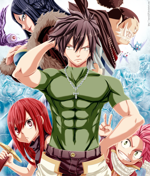 Anime picture 905x1064 with fairy tail erza scarlet natsu dragneel gray fullbuster happy (fairy tail) charle (fairy tail) minerva orlando enara123 long hair tall image short hair open mouth black hair smile red eyes brown hair multiple girls brown eyes green eyes pink hair