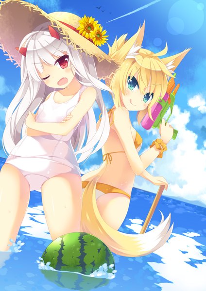 Anime picture 1000x1414 with original nibiiro shizuka long hair tall image looking at viewer blush short hair blue eyes light erotic red eyes multiple girls animal ears sky cloud (clouds) white hair tail animal tail one eye closed wink fox ears