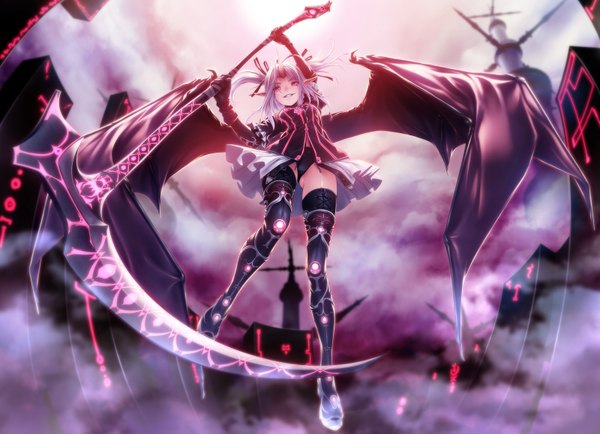Anime picture 1600x1159 with original rezi single long hair light erotic smile red eyes white hair pantyshot girl thighhighs dress gloves black thighhighs wings elbow gloves boots scythe