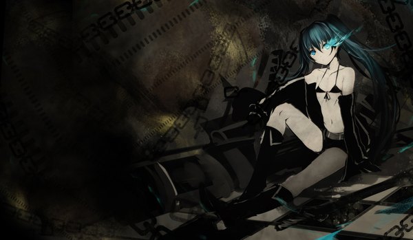 Anime picture 1853x1080 with black rock shooter black rock shooter (character) bba1985 single long hair highres blue eyes black hair wide image twintails bare shoulders glowing glowing eye (eyes) checkered floor floor girl navel weapon sword jacket