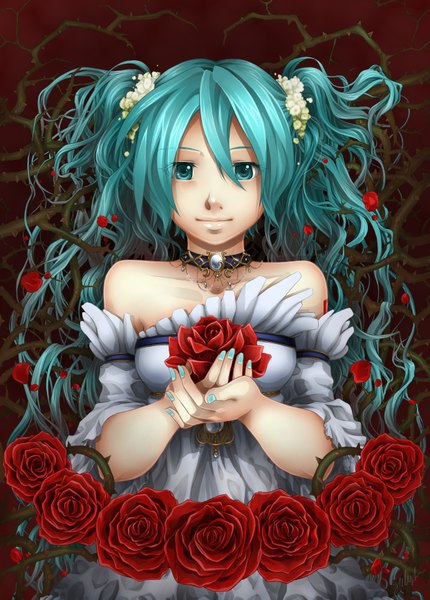 Anime picture 2486x3468 with vocaloid hatsune miku mishelly (artist) single long hair tall image highres bare shoulders green eyes nail polish green hair girl dress hair ornament flower (flowers) rose (roses) jewelry red rose thorns