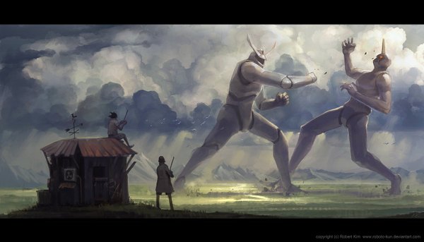Anime picture 1398x800 with original roboto short hair black hair wide image sitting cloud (clouds) sunlight back glowing mountain glowing eye (eyes) landscape fighting stance field playing games boy plant (plants) grass robot