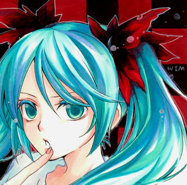 Anime picture 1163x1157 with vocaloid world is mine (vocaloid) hatsune miku kanna (chaos966) single long hair looking at viewer open mouth twintails aqua eyes aqua hair portrait checkered background girl