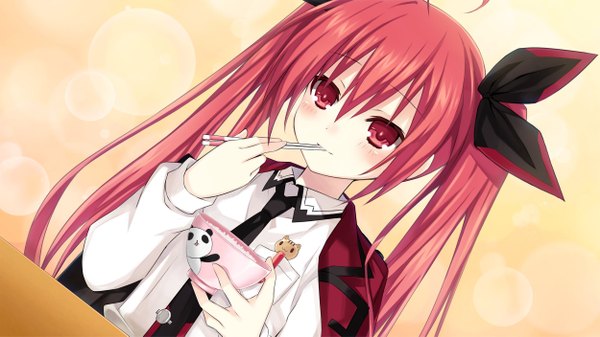 Anime picture 2500x1406 with date a live itsuka kotori single long hair blush highres red eyes wide image twintails red hair eating girl uniform school uniform