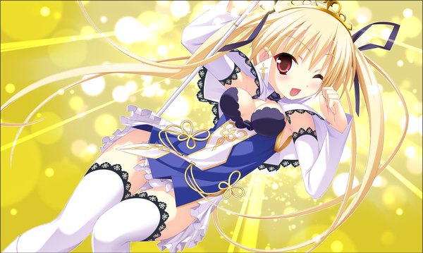 Anime picture 1024x614 with twinkle crusaders twinkle crusaders -passion star stream- kururu / crusienne roussel long hair blush open mouth light erotic blonde hair red eyes wide image twintails game cg one eye closed wink girl thighhighs dress ribbon (ribbons) hair ribbon detached sleeves